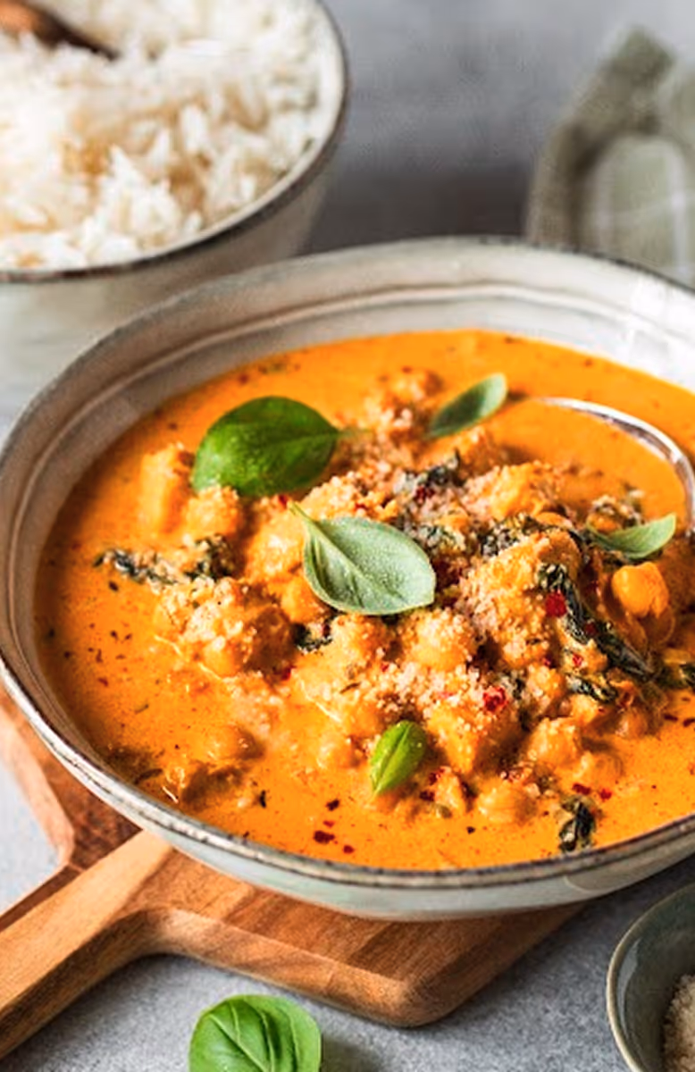 Creamy chickpea curry garnished with fresh basil leaves served in a bowl.