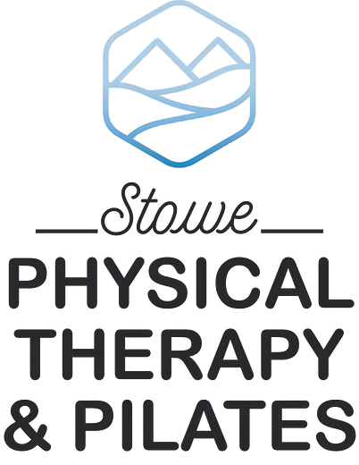 Logo with a blue hexagon containing stylized mountains and hills above the text 'Stowe Physical Therapy & Pilates'.