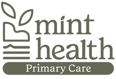 Mint Health Primary Care logo with stylized plant leaves and text.
