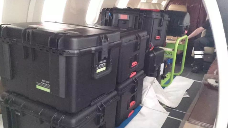 Specialised medical equipment cases loaded inside a European Air Ambulance aircraft for an aeromedical mission.