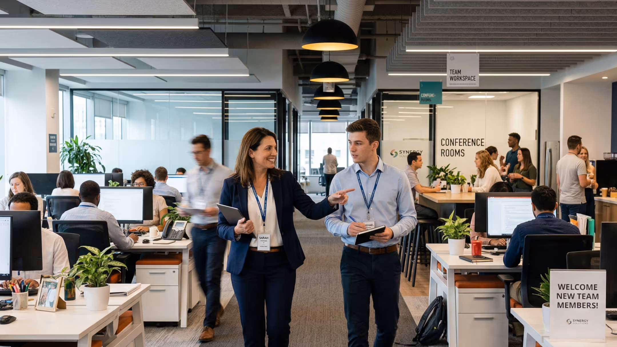 A manager showing new employee around office.