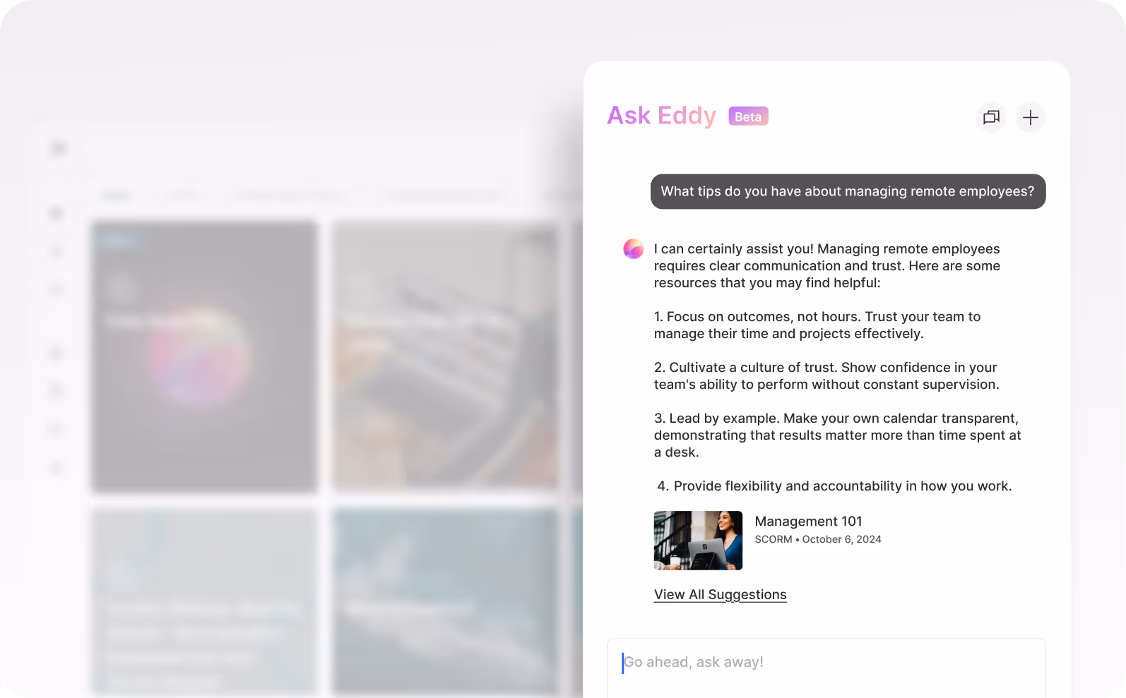 Eddy, the Conversational AI Agent, chat window with question and response in Continu.