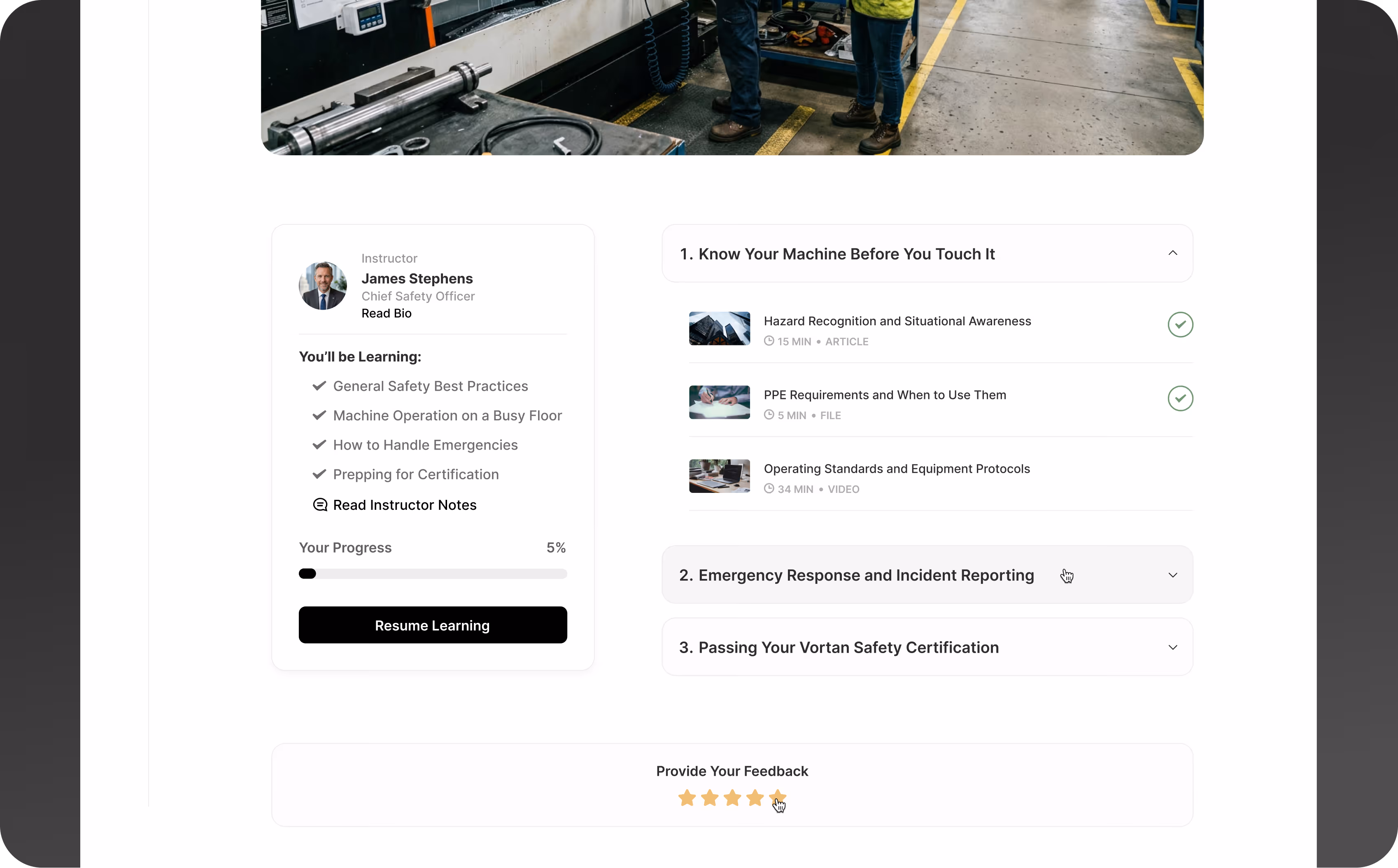 A manufacturing workplace safety compliance learning track hosted in Continu.