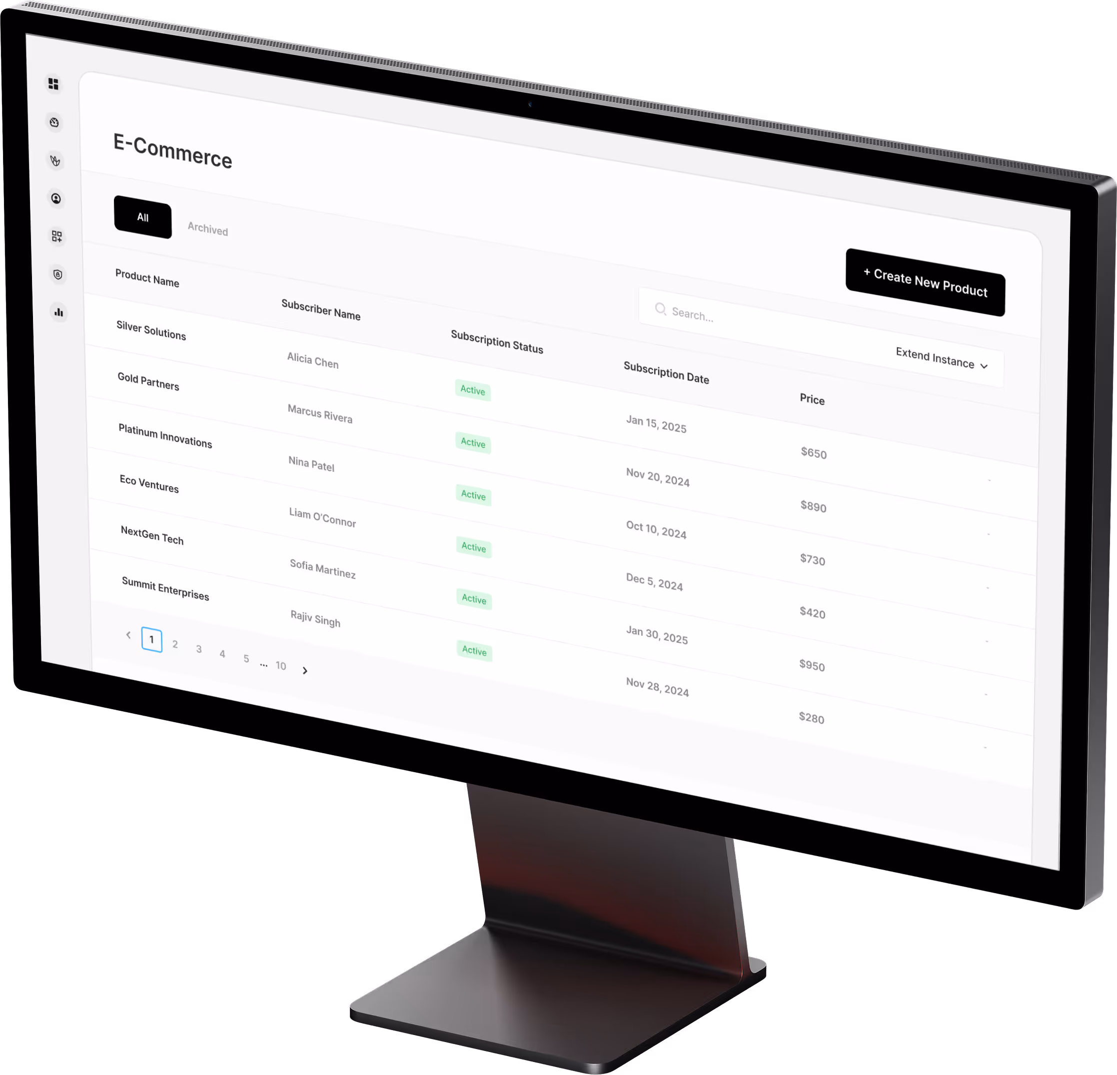 Contin's eCommerce subscriptions table on desktop mockup.
