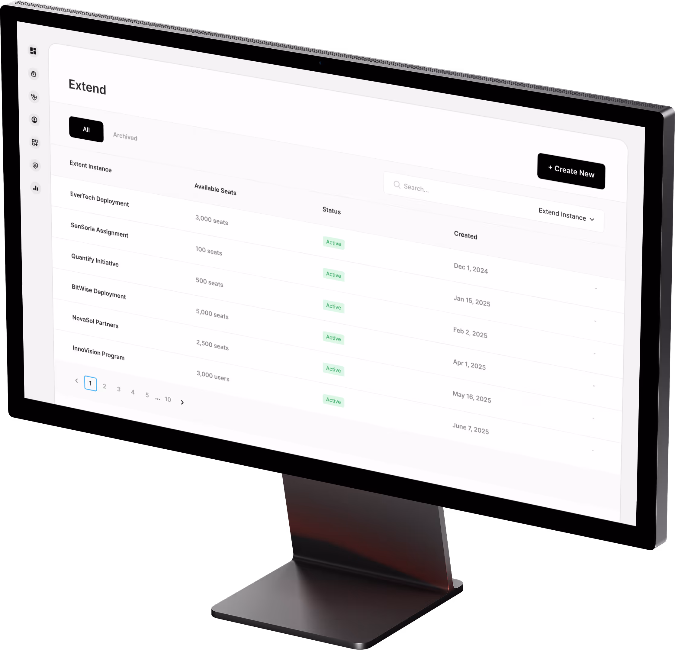 Continu Extend instance list screen on a Desktop mockup.