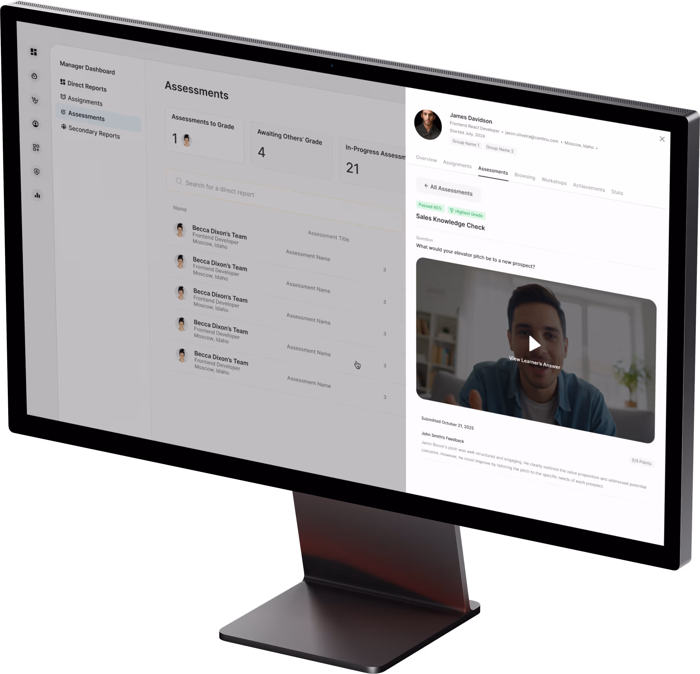 A Continu video assessment waiting to be graded, desktop mockup.