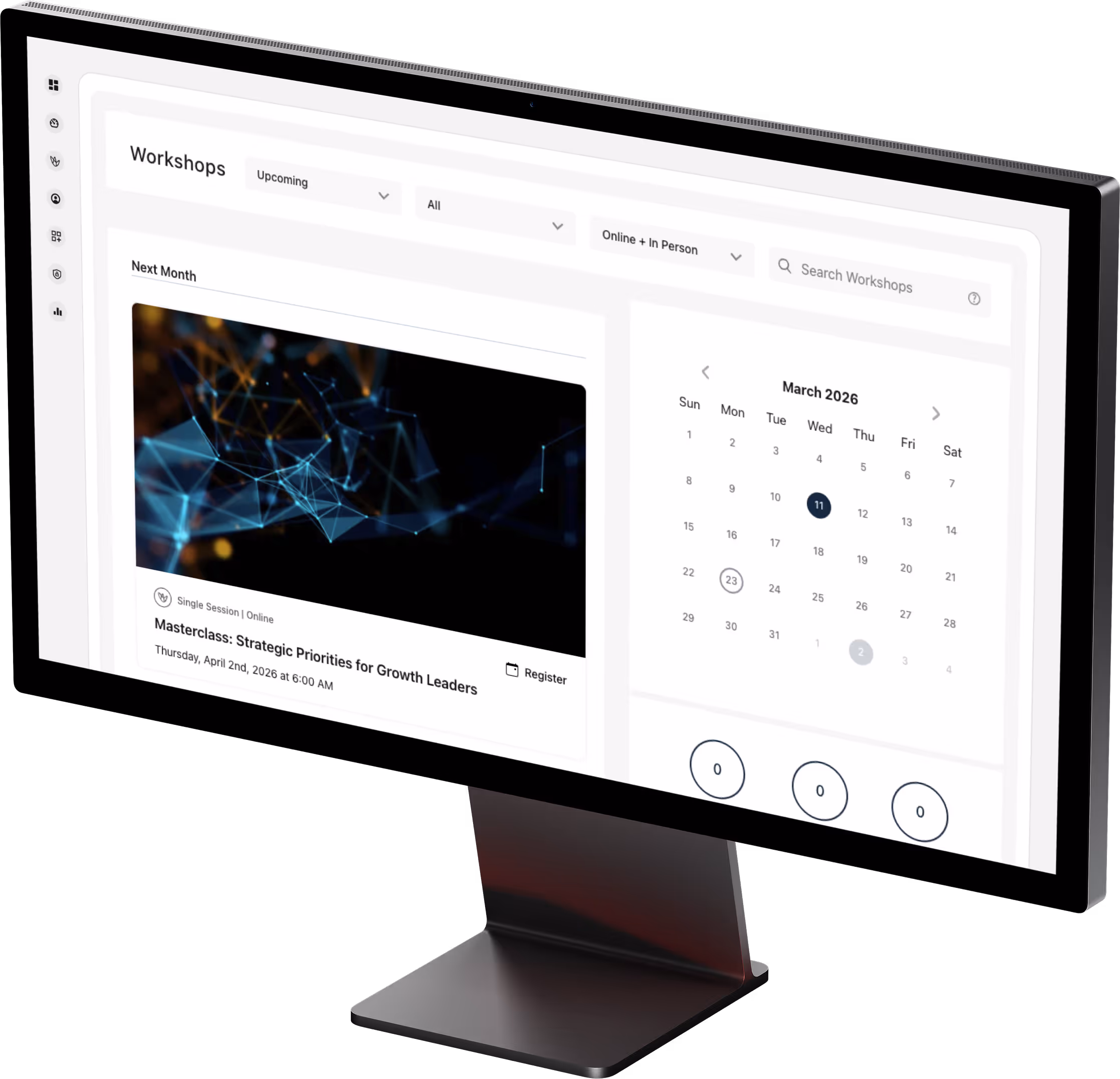 Continu's Workshop calendar screen on a desktop mockup.