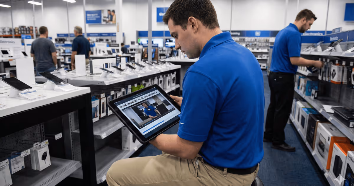 A retail employee taking a course on a partner training software.