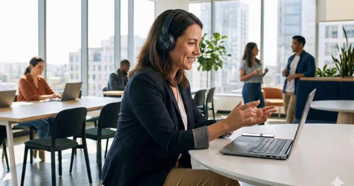 An employee at work on their laptop taking training on an employee training software.