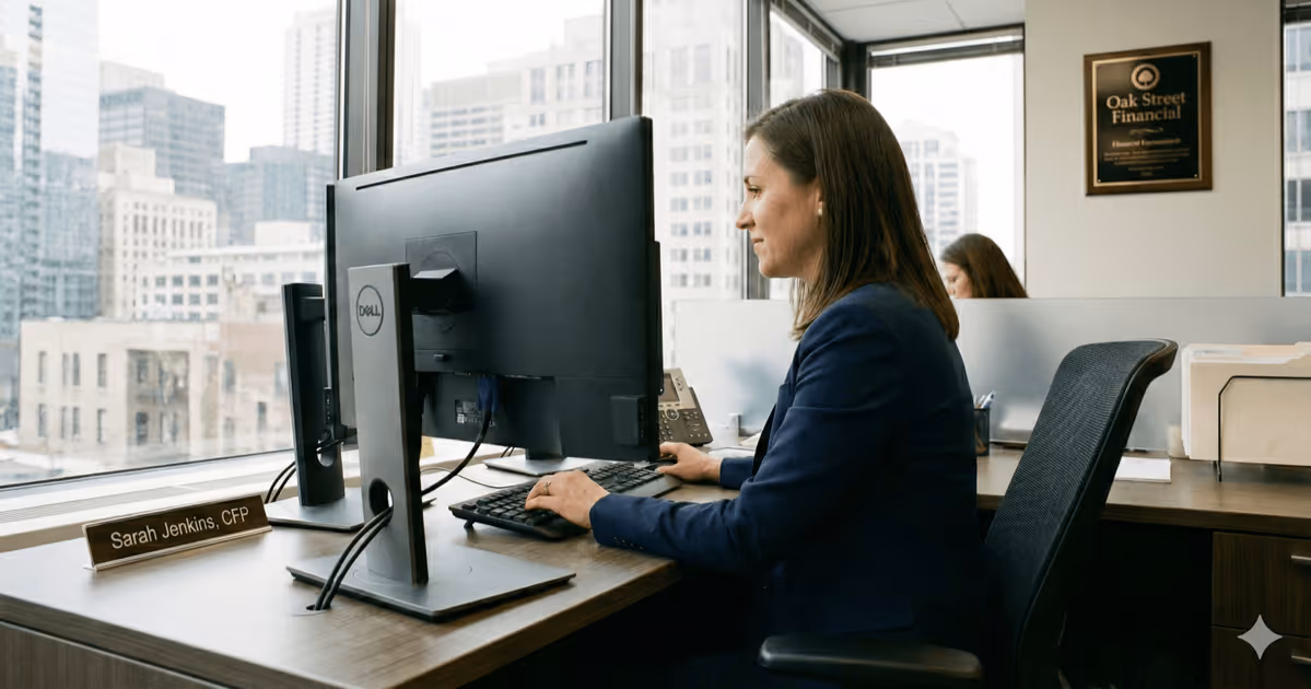 A financial services rep using compliance training software at work.