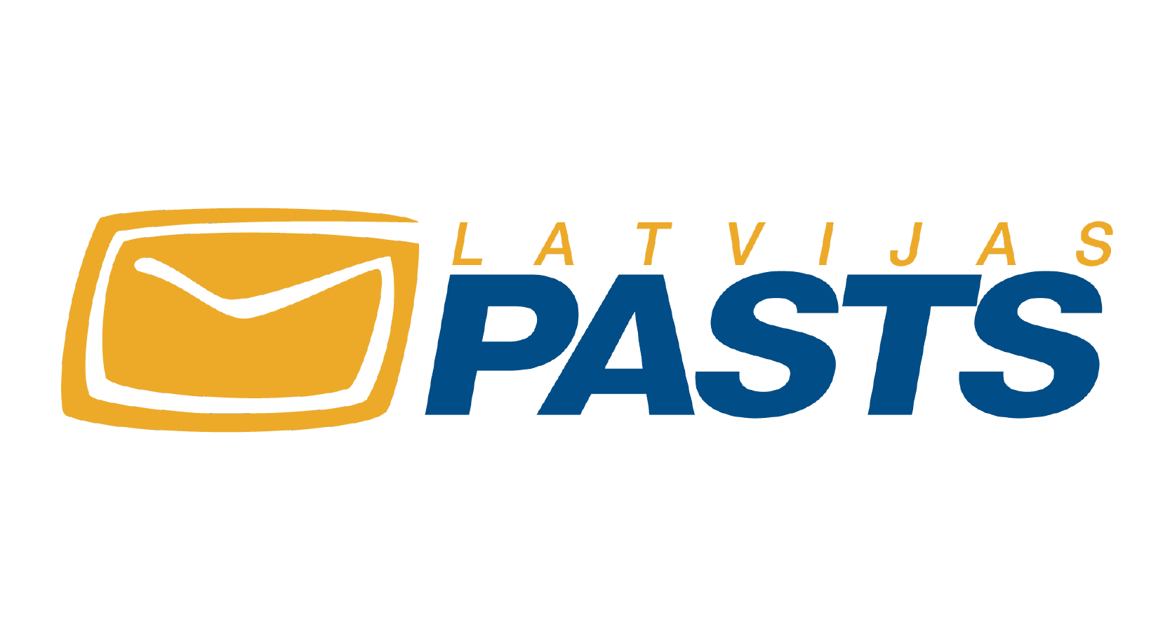 Latvijas Pasts logotips ar dzeltenu aploksnes simbolu un zilu tekstu.