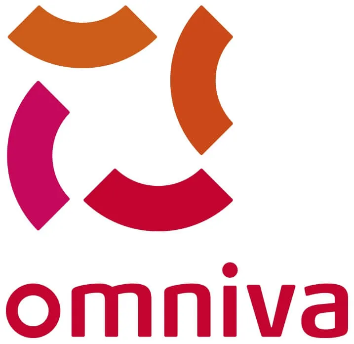 Omniva uzņēmuma logotips ar krāsainiem sarkaniem un oranžiem pusmēness formas elementiem virs teksta.