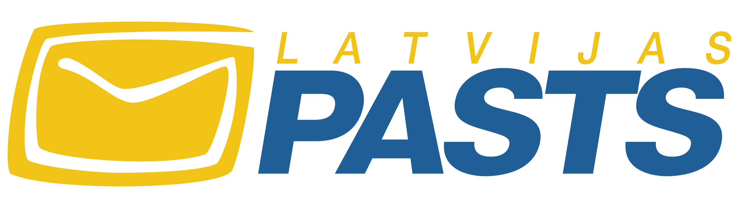 Latvijas Pasts logotips ar dzeltenu vēstules ikonu un zilu tekstu.