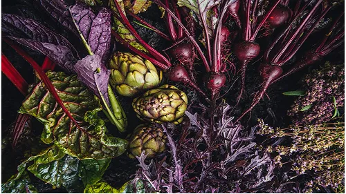Fresh artichokes, beets with stems, and various leafy greens arranged on a dark surface.