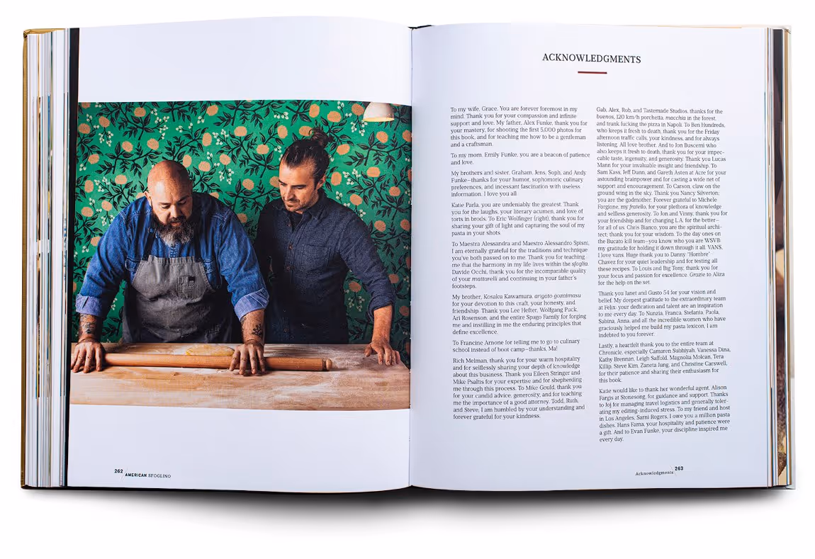 Open book showing acknowledgments text on the right page and a photo of two men working with dough on the left page against a green floral background.