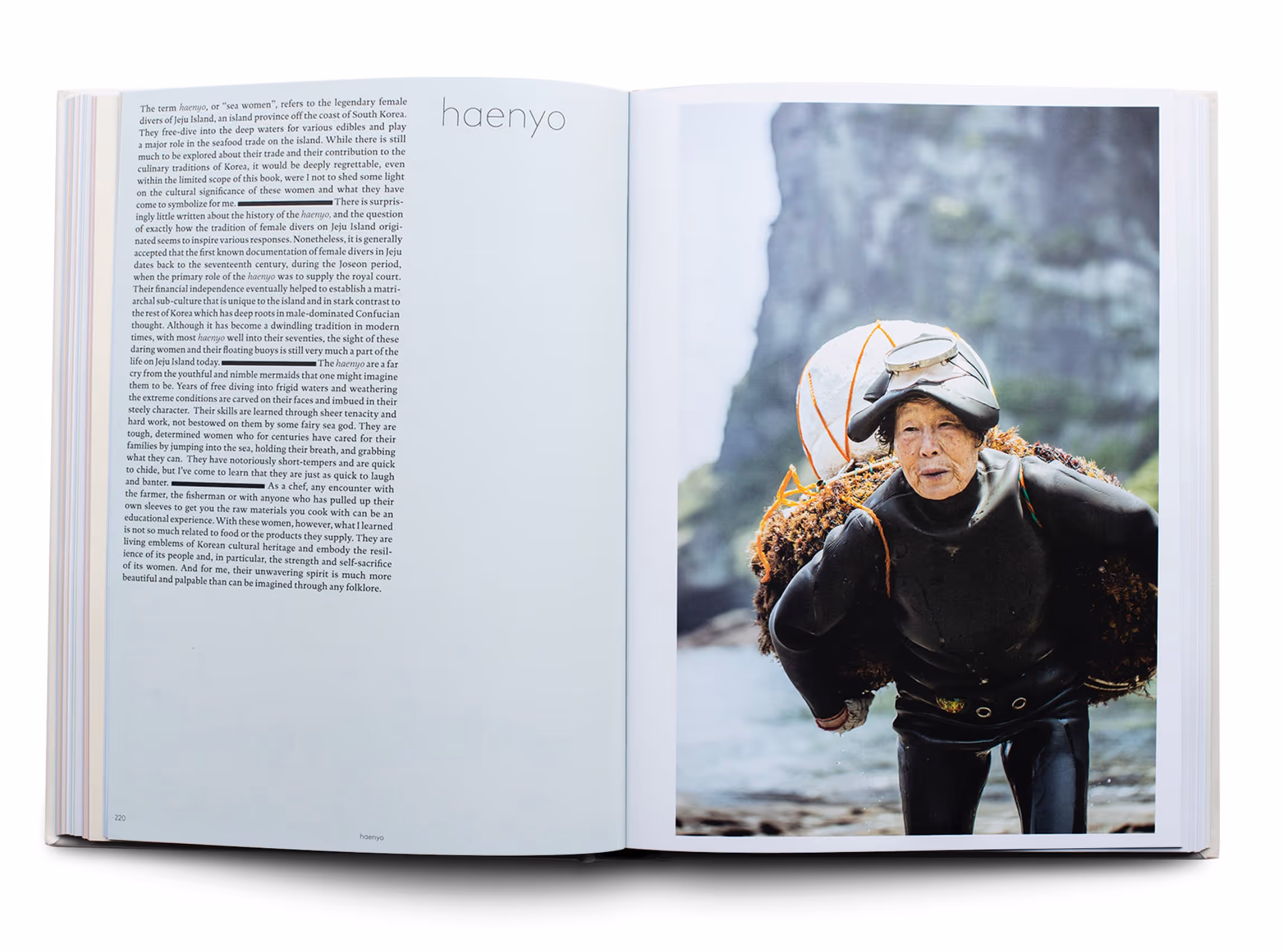 Open book showing text about 'haenyo,' female divers of Jeju Island, and a photo of an older woman in scuba gear carrying a net of seaweed on her back.