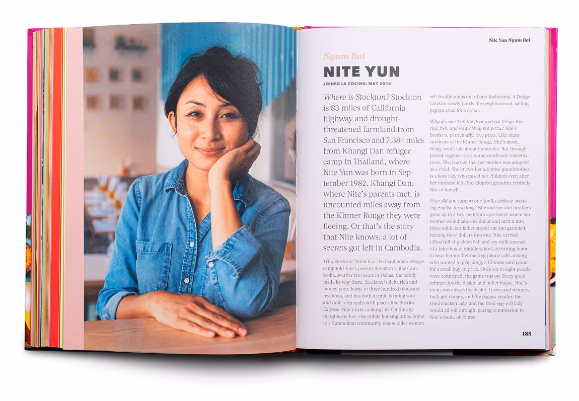 Open cookbook showing a portrait of a smiling woman with short dark hair wearing a blue denim shirt on the left page, and text about Nite Yun, her background and story, on the right page.