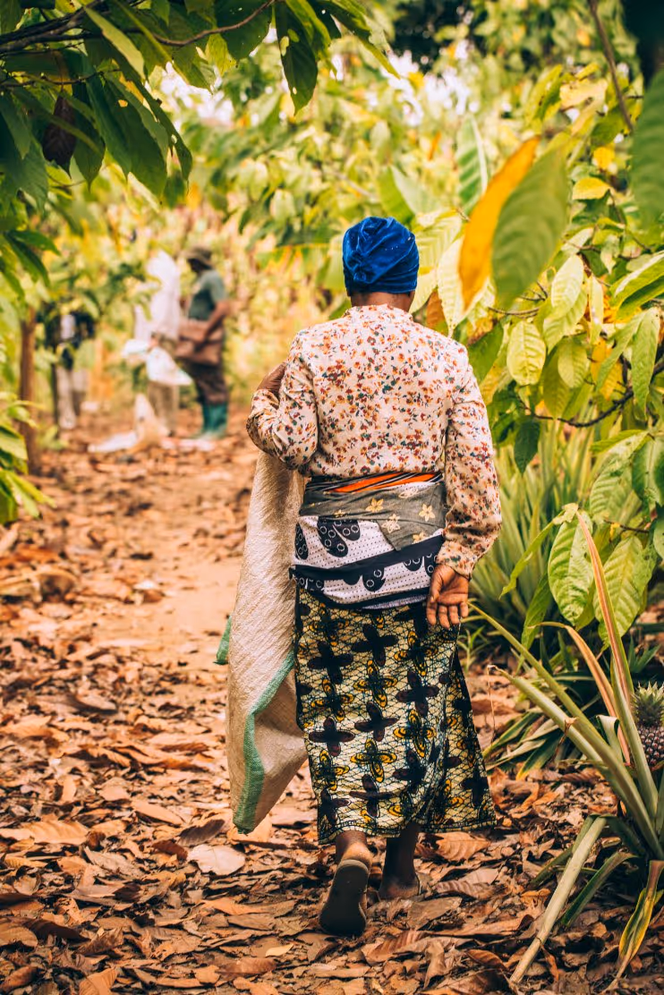 Woman wearing a blue headwrap and colorful patterned clothes walking barefoot on a leaf-covered path through lush green foliage, carrying a sack over her shoulder.