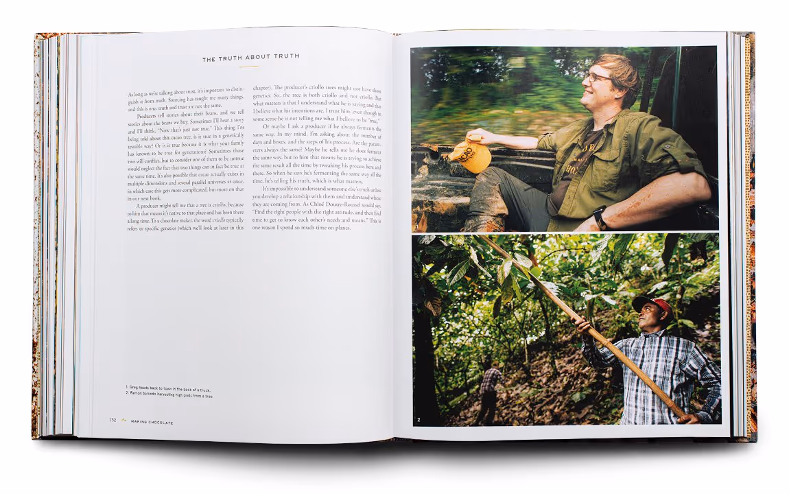 Open book spread showing a page of text titled 'The Truth About Truth' opposite two photos: one of a man in a truck bed holding a hat, and one of a man harvesting pods from a tree in a lush green forest.