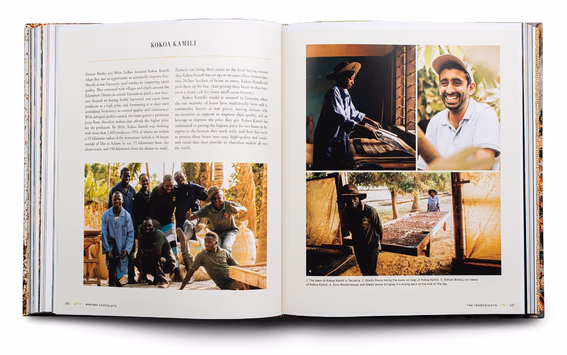 Open book spread showing text about Kokoa Kamili and four photographs of Tanzanian cocoa farmers working and posing together.