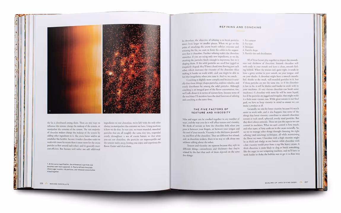 Open book showing a section on chocolate refining and conching, with images of chocolate textures and detailed text about texture and viscosity factors.