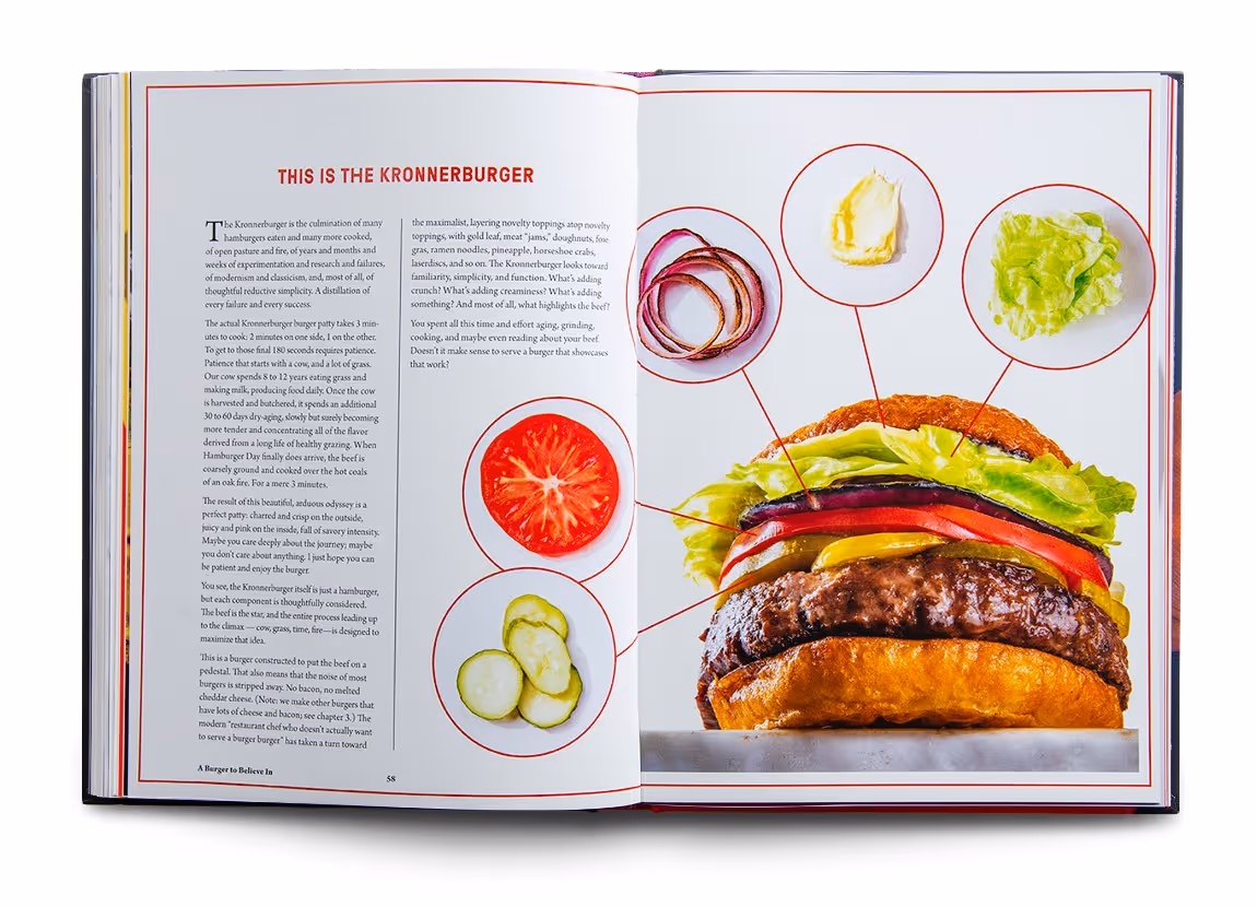 Open book spread showing a detailed description of the Kronnerburger on the left page and a large photo of a Kronnerburger burger with lettuce, tomato, pickles, onions, and mustard on the right page, with ingredients highlighted in circles.