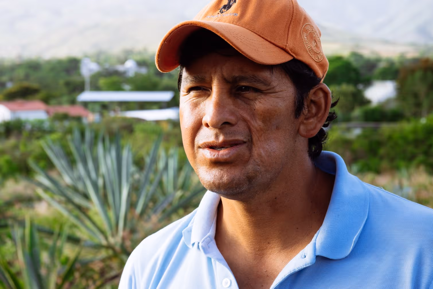 Man wearing an orange cap and light blue polo shirt standing outdoors with green agave plants and blurred mountains in the background.