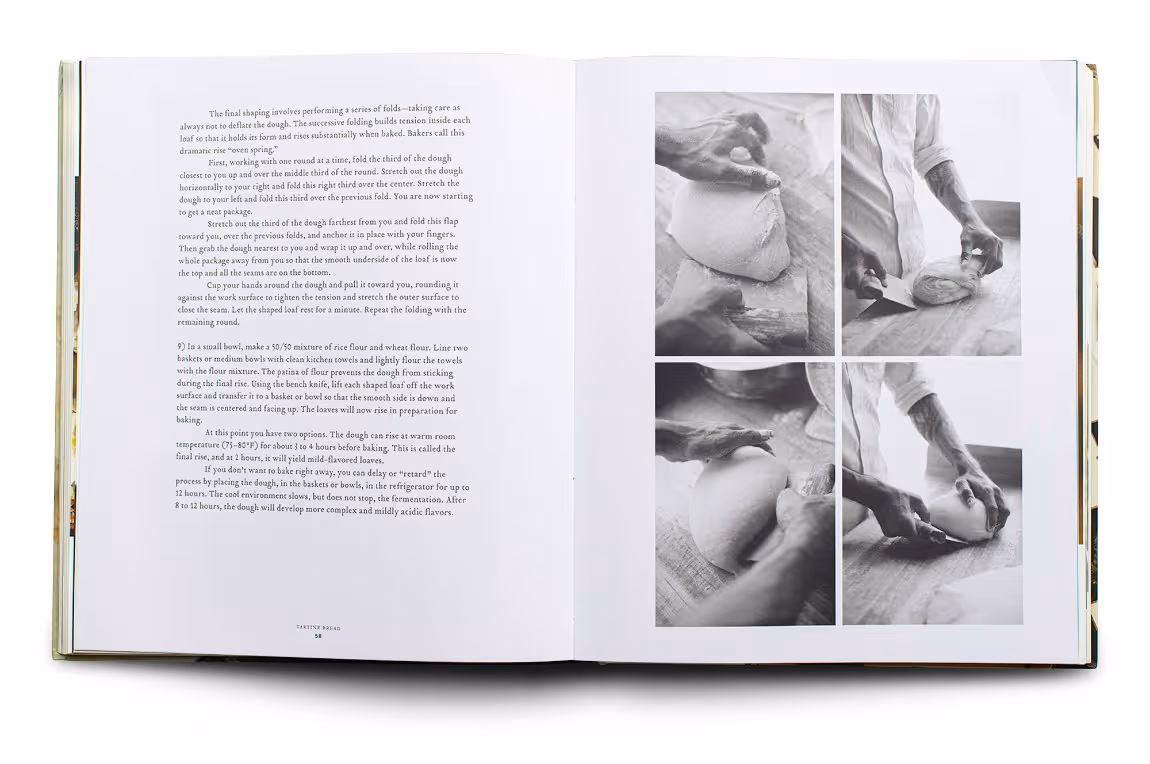 Open cookbook showing text instructions for bread making on the left page and four black-and-white photos of hands shaping dough on the right page.