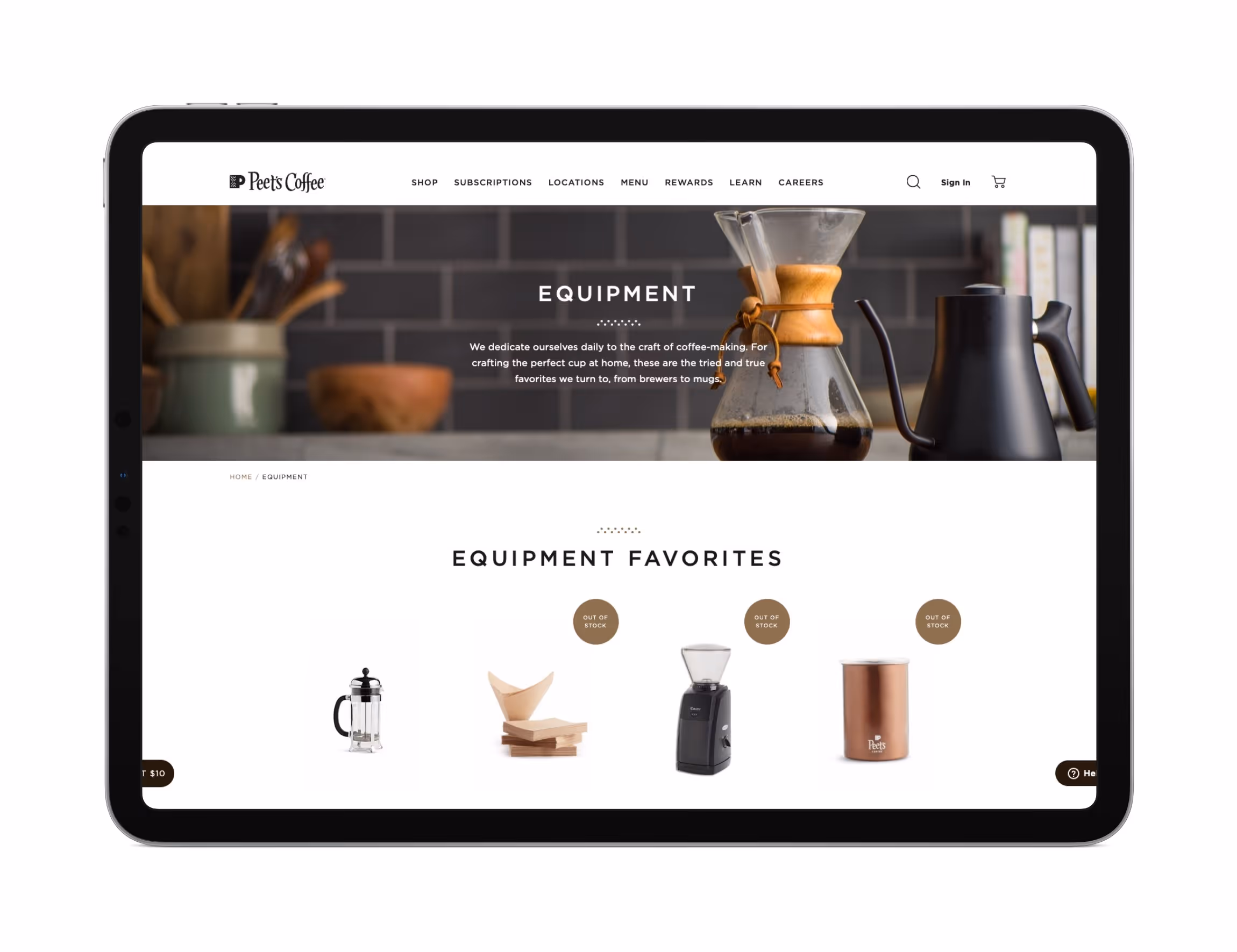 Tablet displaying Peet's Coffee equipment webpage with coffee maker, filters, grinder, and store container shown as equipment favorites, some out of stock.