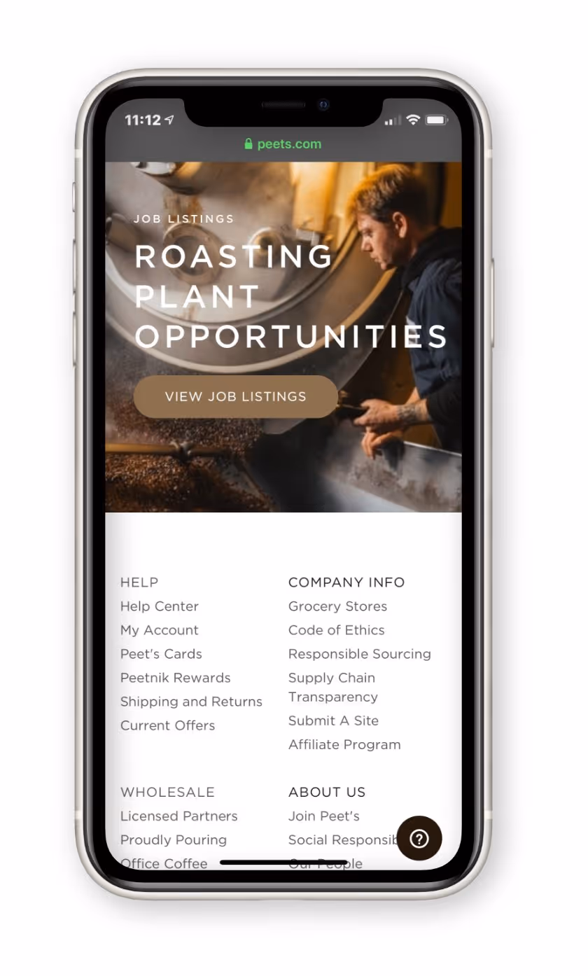 Smartphone screen showing Peet's Coffee job listings with a man operating roasting equipment and options to view help, company info, wholesale, and about us sections.