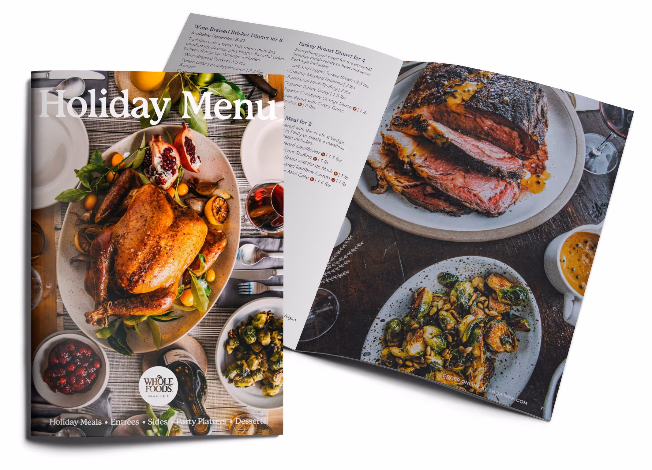 Holiday menu brochure from Whole Foods Market showing a roasted whole chicken with garnishes on the cover and an inside page featuring sliced brisket, roasted Brussels sprouts, and gravy.