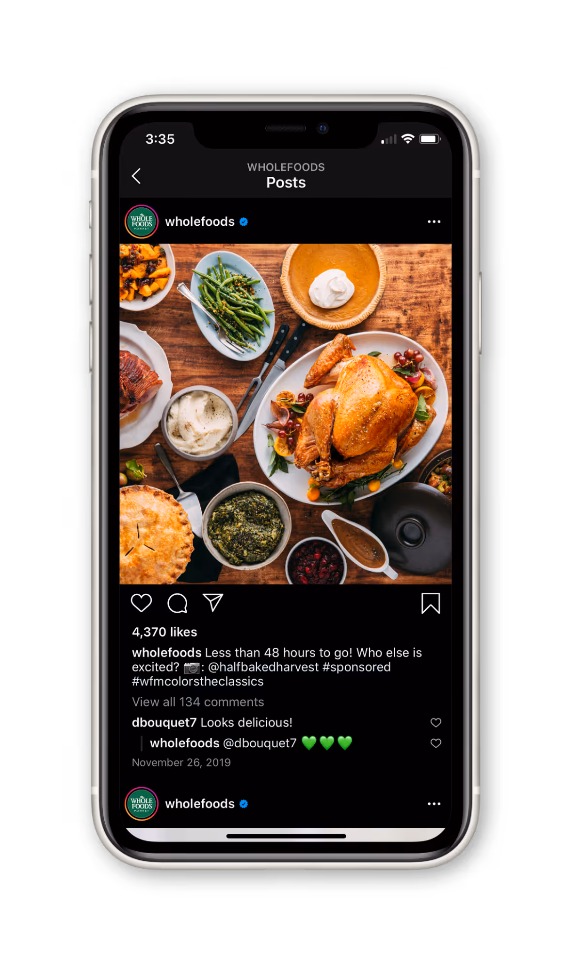 Instagram post by Wholefoods showing a Thanksgiving meal with roasted turkey, green beans, mashed potatoes, pumpkin pie, cranberry sauce, and gravy on a wooden table.