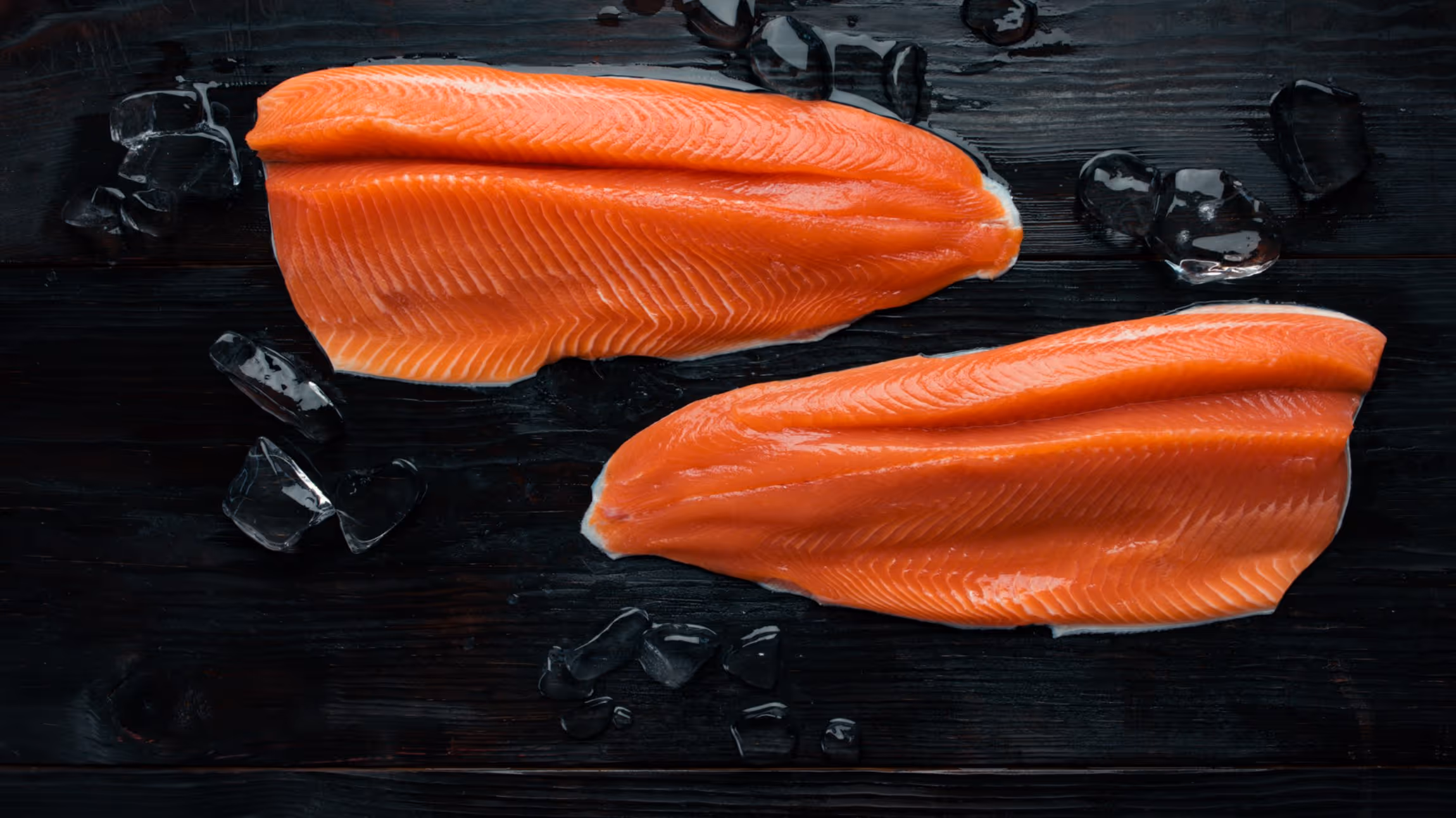Two raw salmon fillets on a dark wooden surface with scattered ice cubes.