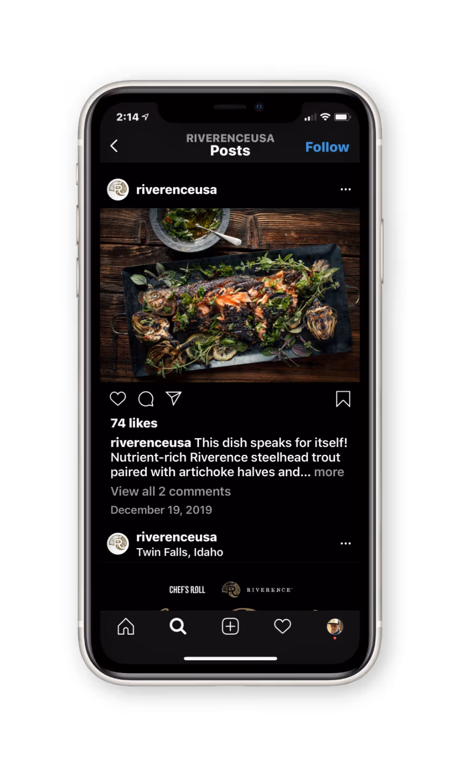 Instagram post from riverenceusa showing a grilled steelhead trout dish garnished with herbs and served with artichoke halves on a dark tray.