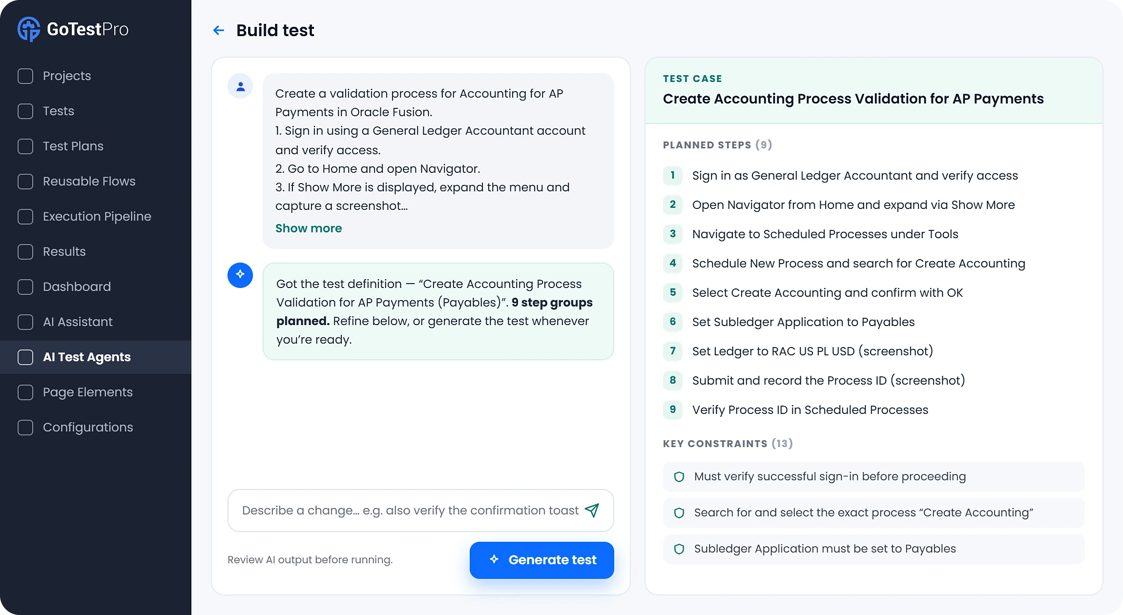 GoTestPro AI Test Agents building an Oracle Fusion test case from a plain-English description