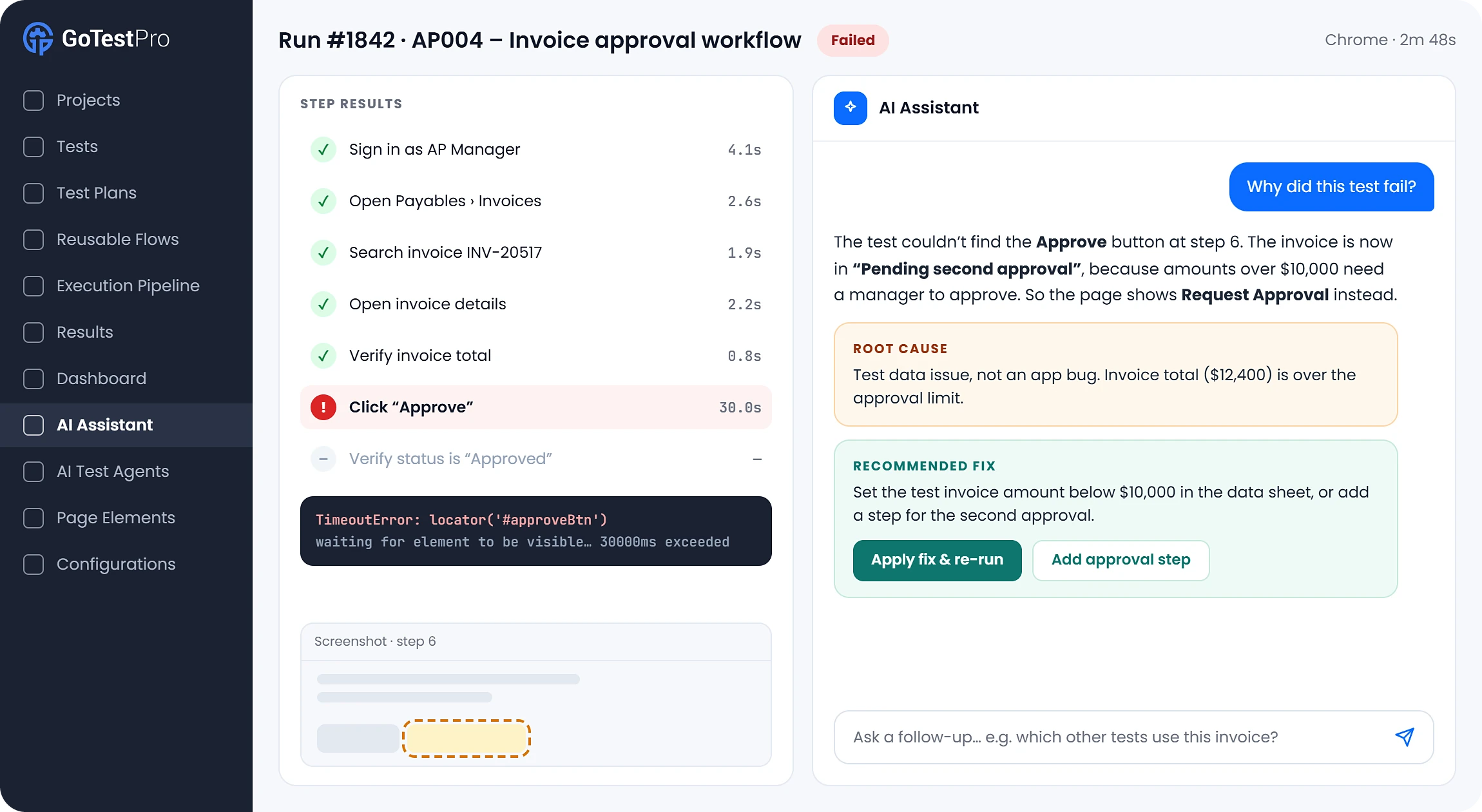 GoTestPro AI Assistant explaining why a test failed and recommending a fix