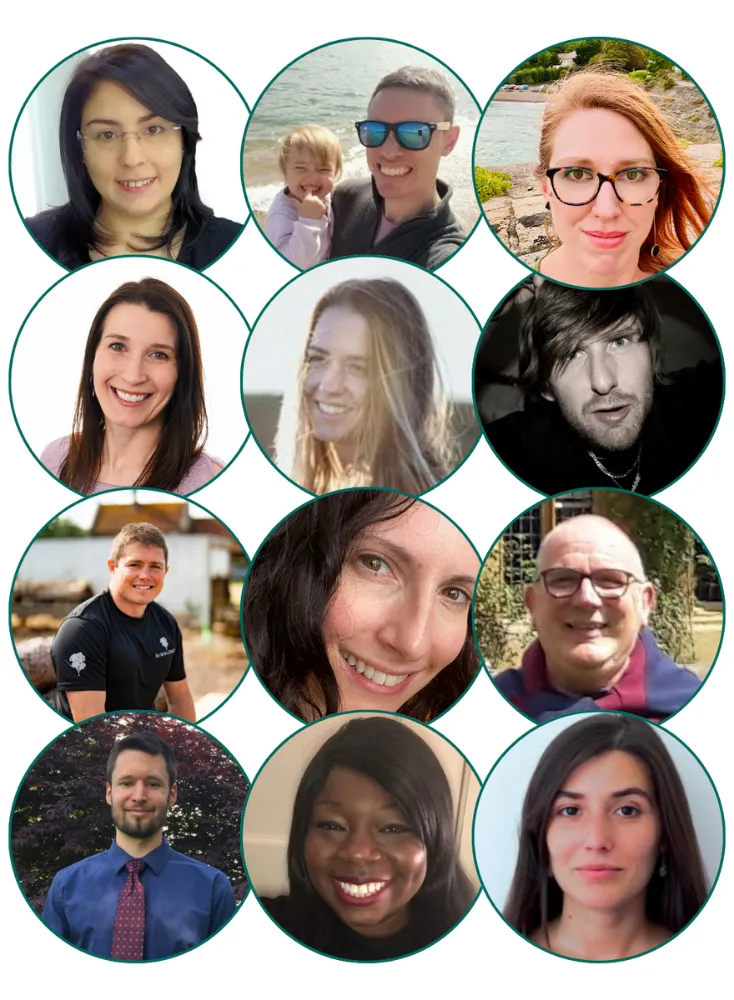 Collage of twelve diverse people, including men, women, and a child, each smiling or looking at the camera in circular frames.
