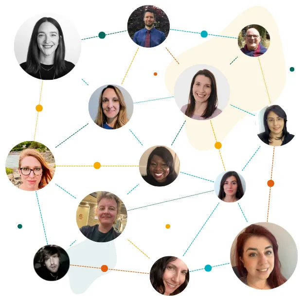Collage of diverse individuals' headshots of members of Thriveherd's career change and career growth community, including career coaching clients, connected by colorful dotted lines representing a social or professional network.