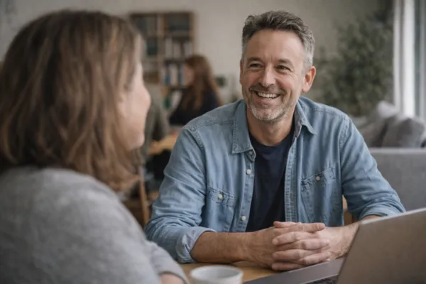 Smiling middle-aged man in denim shirt talking with woman during a friendly conversation at a table with a laptop. Represents a typical career coaching session.