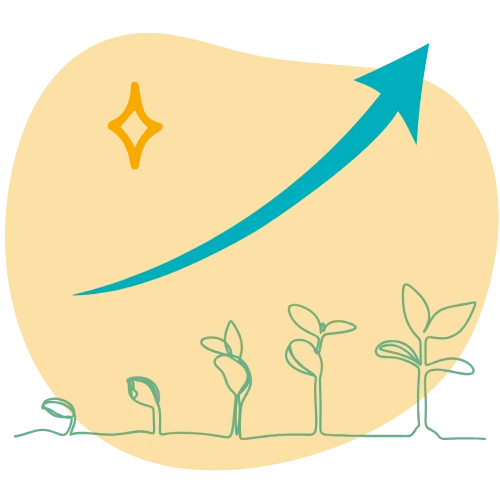 Graphic of four plant seedlings in different growth stages with an upward blue arrow indicating growth or progress, set against an orange abstract background.