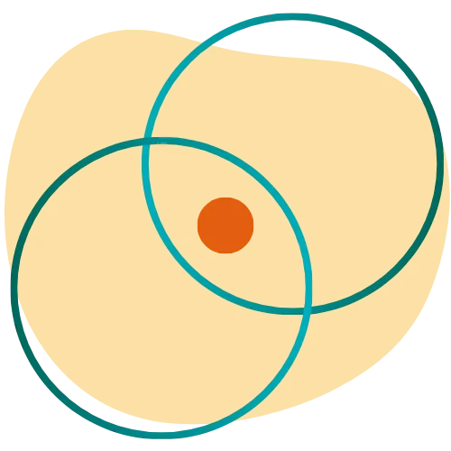 Abstract design with two overlapping teal circles enclosing an orange dot over a large irregular orange shape.