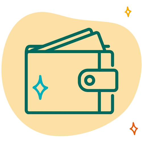Icon of a wallet with cards inside on an orange abstract background with small sparkle accents.