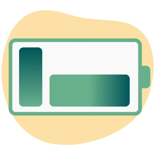 Graphic icon of a battery with two green bars indicating partial charge on an orange background.