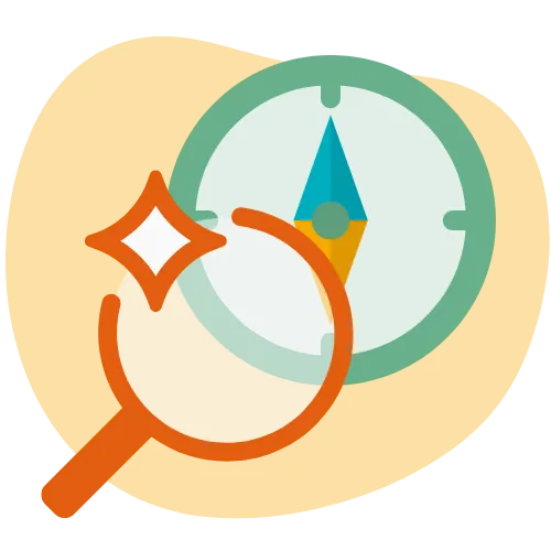 Illustration of a compass behind a magnifying glass with a sparkle effect.