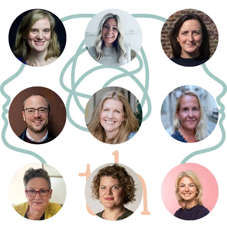 Collage of nine Thriveherd career change coaches. Diverse headshots of smiling men and women arranged within and around an abstract outline of two opposing human profiles connected by a tangled line.