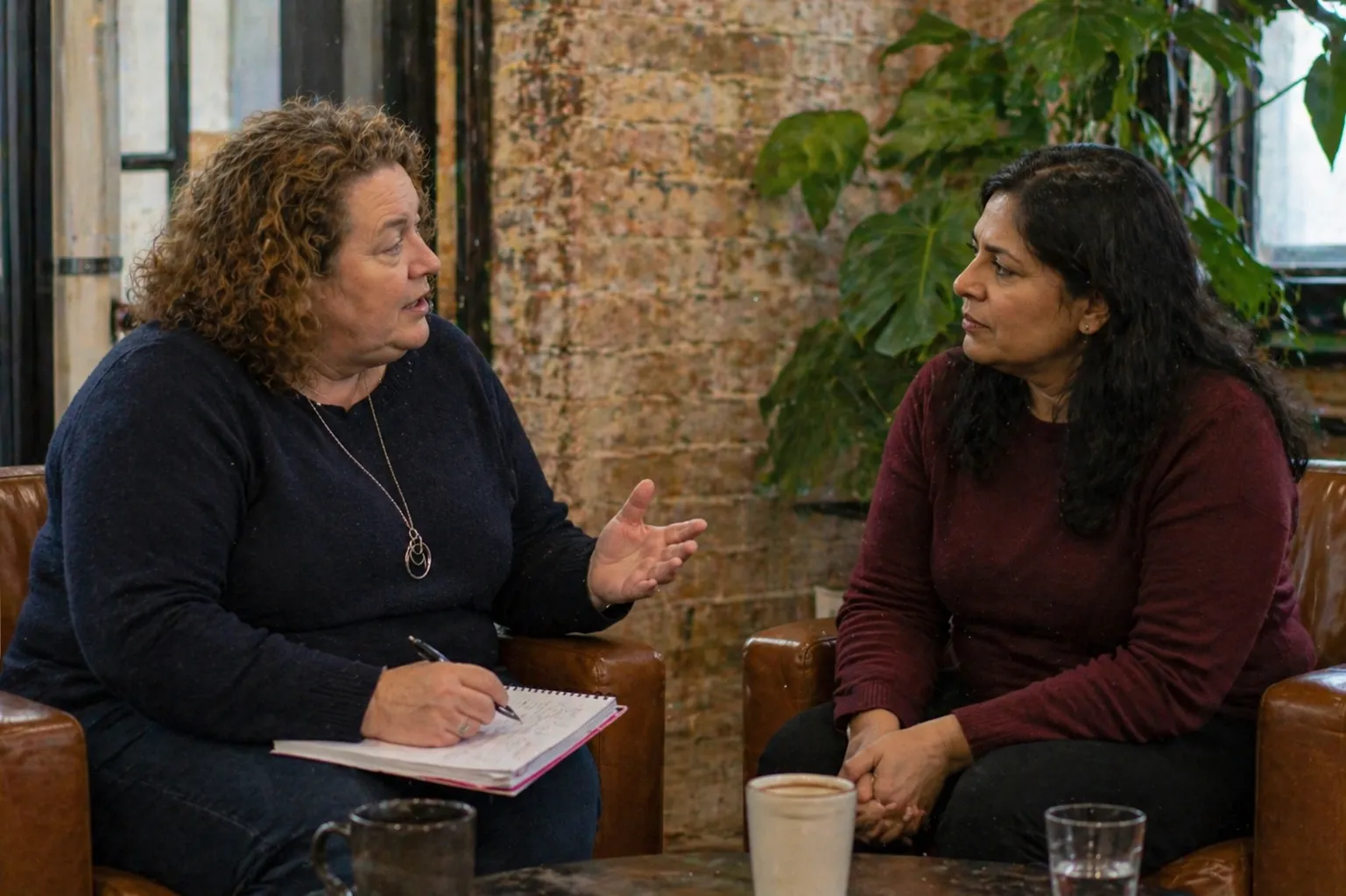 Two people, both women, sitting together engaged in a career coaching session.