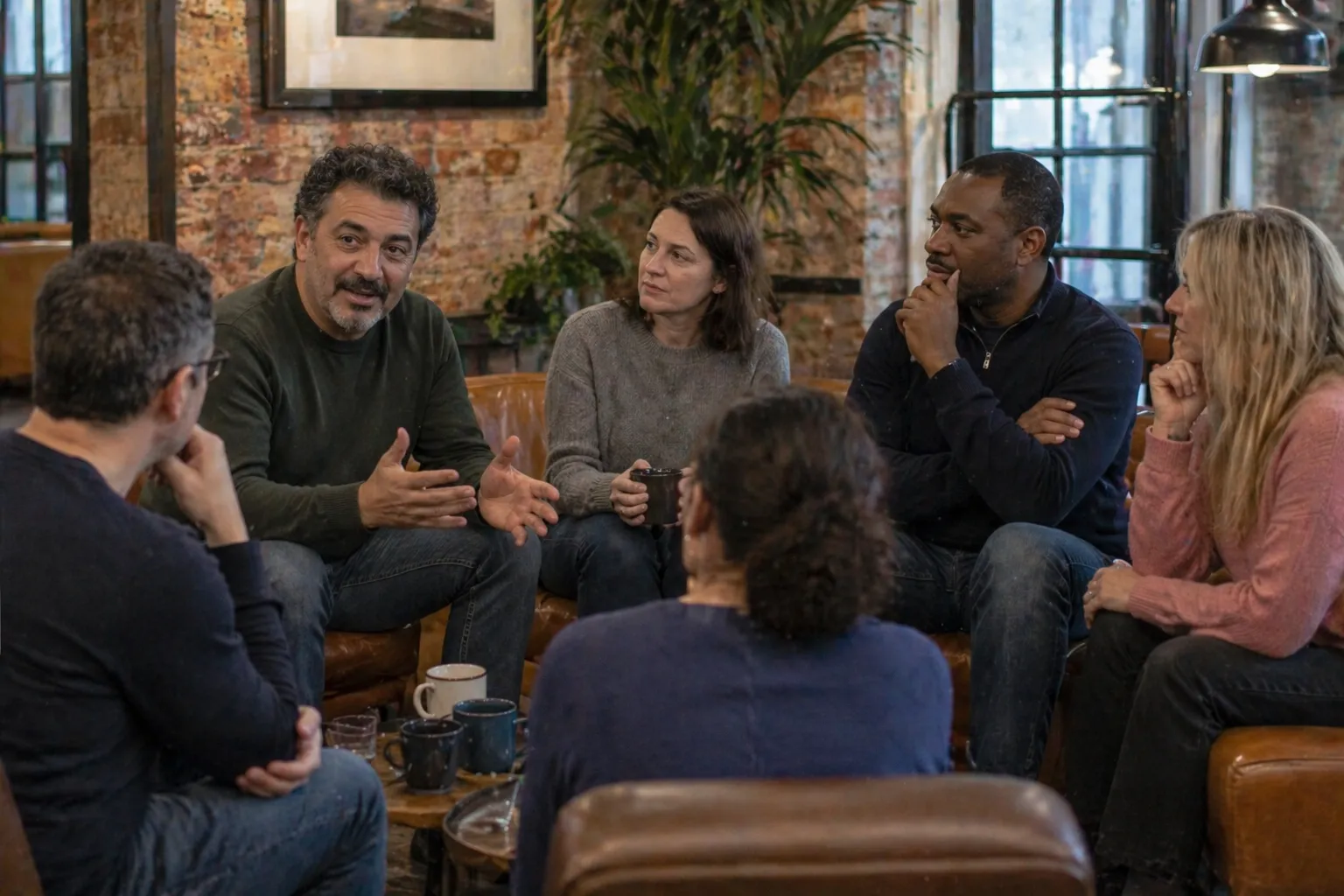 A group of 6 people sitting in a circle engaged in a group career coaching session.
