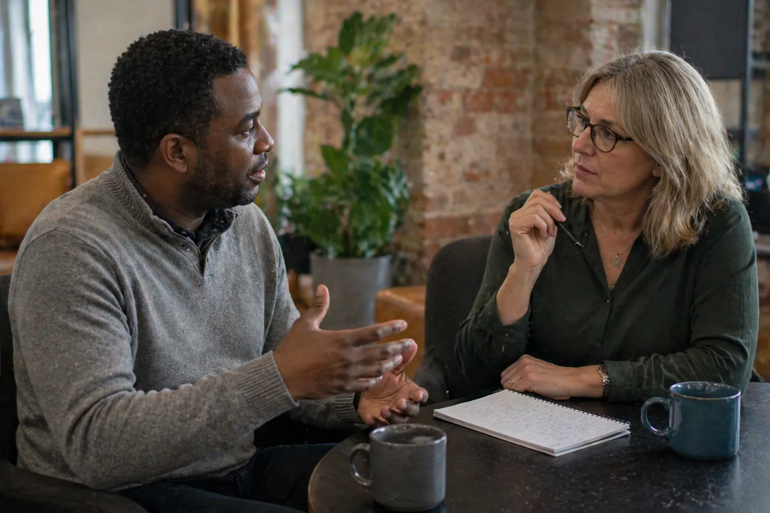Two people, a man and a woman, engaged in a career coaching session.