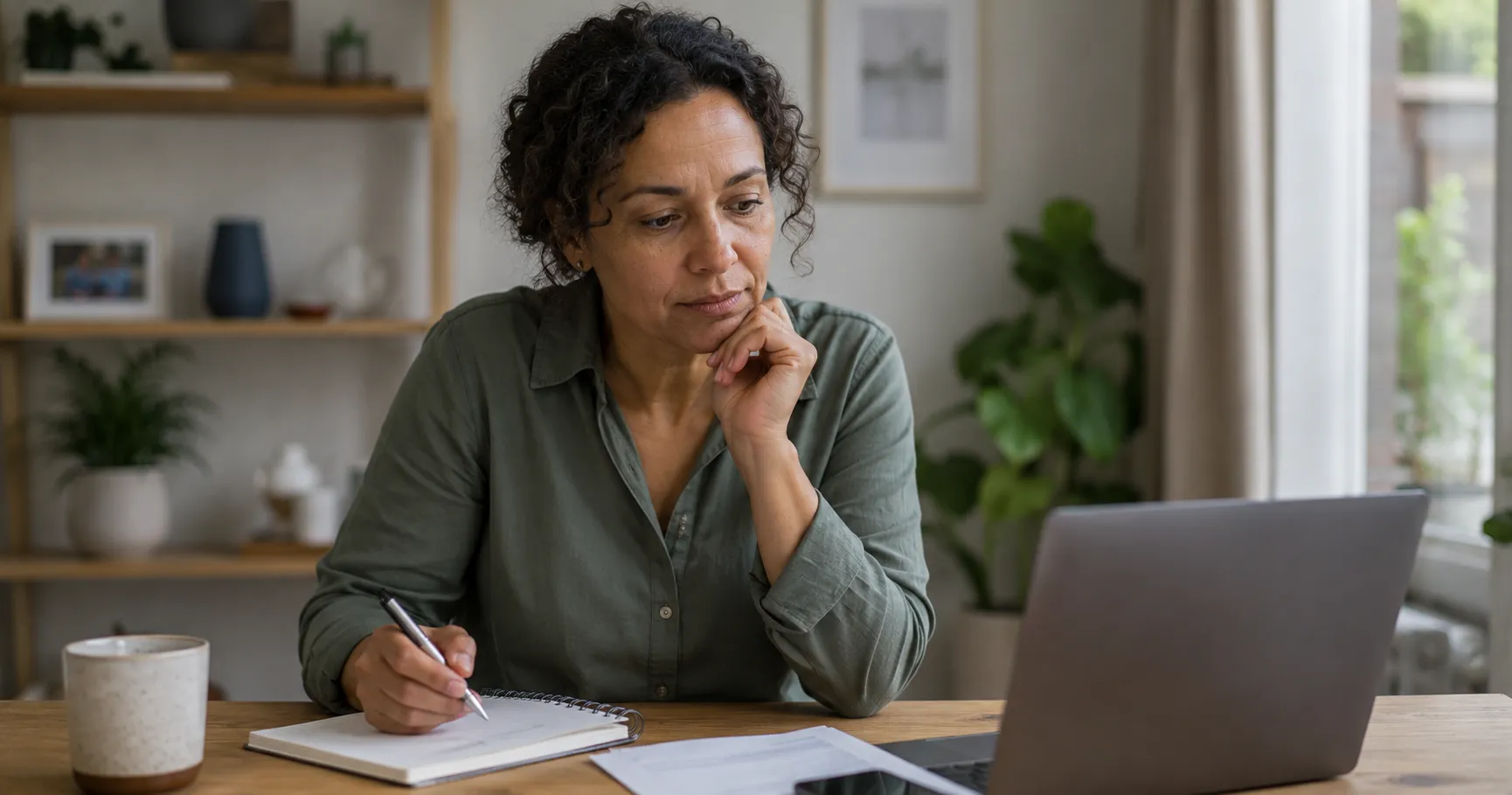 Woman smiling while browsing career change options on a laptop at a cozy wooden table with papers and a mug nearby.