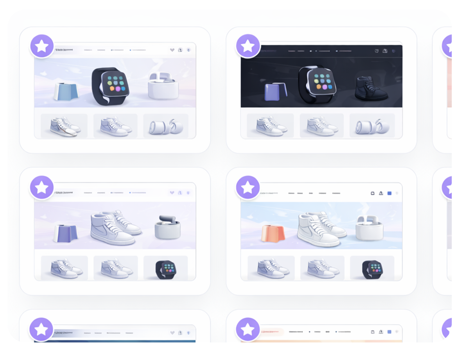Grid of digital product pages showing 3D illustrations of sneakers, smartwatches, earbuds, and small geometric objects with a star badge on the top left of each page.